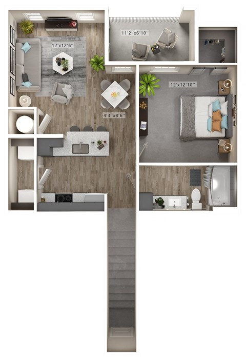 A floor plan of a two-bedroom apartment with a living room, kitchen, and bathroom.